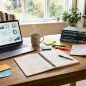 Ein Arbeitsplatz mit Laptop, Notizbuch und Büchern, im Hintergrund ein Fenster mit Blick in den Garten