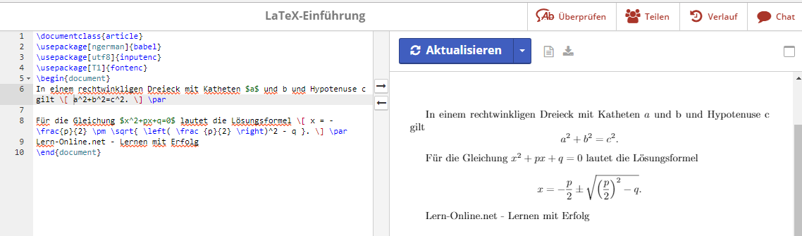 Screenshot von ShareLaTeX mit weiteren Mathe Befehlen in LaTeX.
